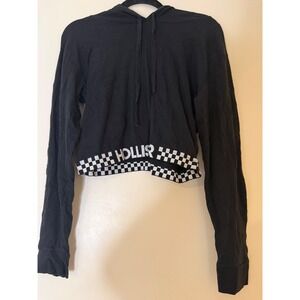 Hollister Black Cropped Hoodie Checkerboard Logo Long Sleeve juniors S
